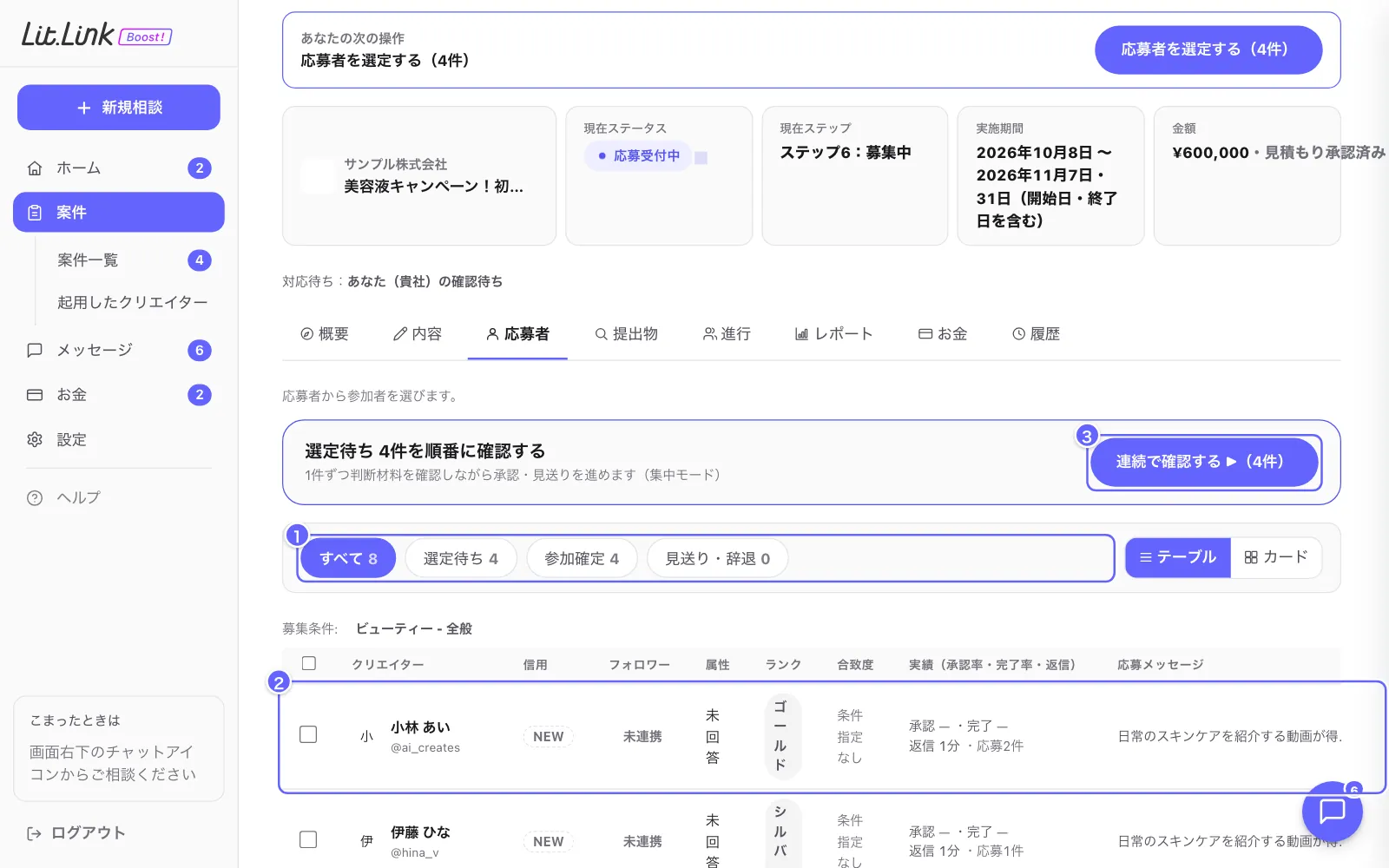 案件ページ（応募者の選定）の画面。①タブ（選定待ち・運営確認中・選定済み）、②応募者、③連続で確認する