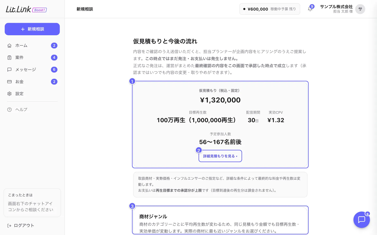 仮見積もりと今後の流れの画面。①仮見積もり（税込）、②詳細見積もりを見る、③商材ジャンル