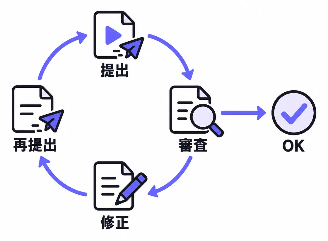 図解:提出と審査:提出 → 審査 → 修正 → 再提出、OKなら次へ