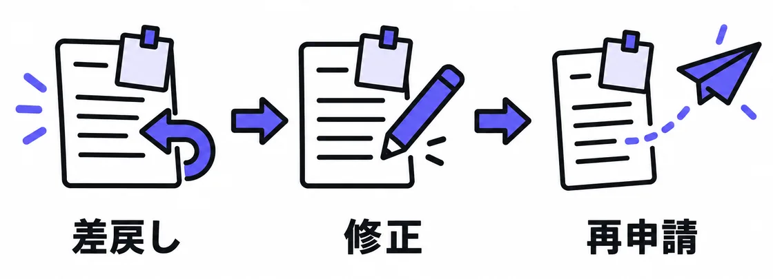 図解:差戻しから再申請まで:差戻し → 修正 → 再申請