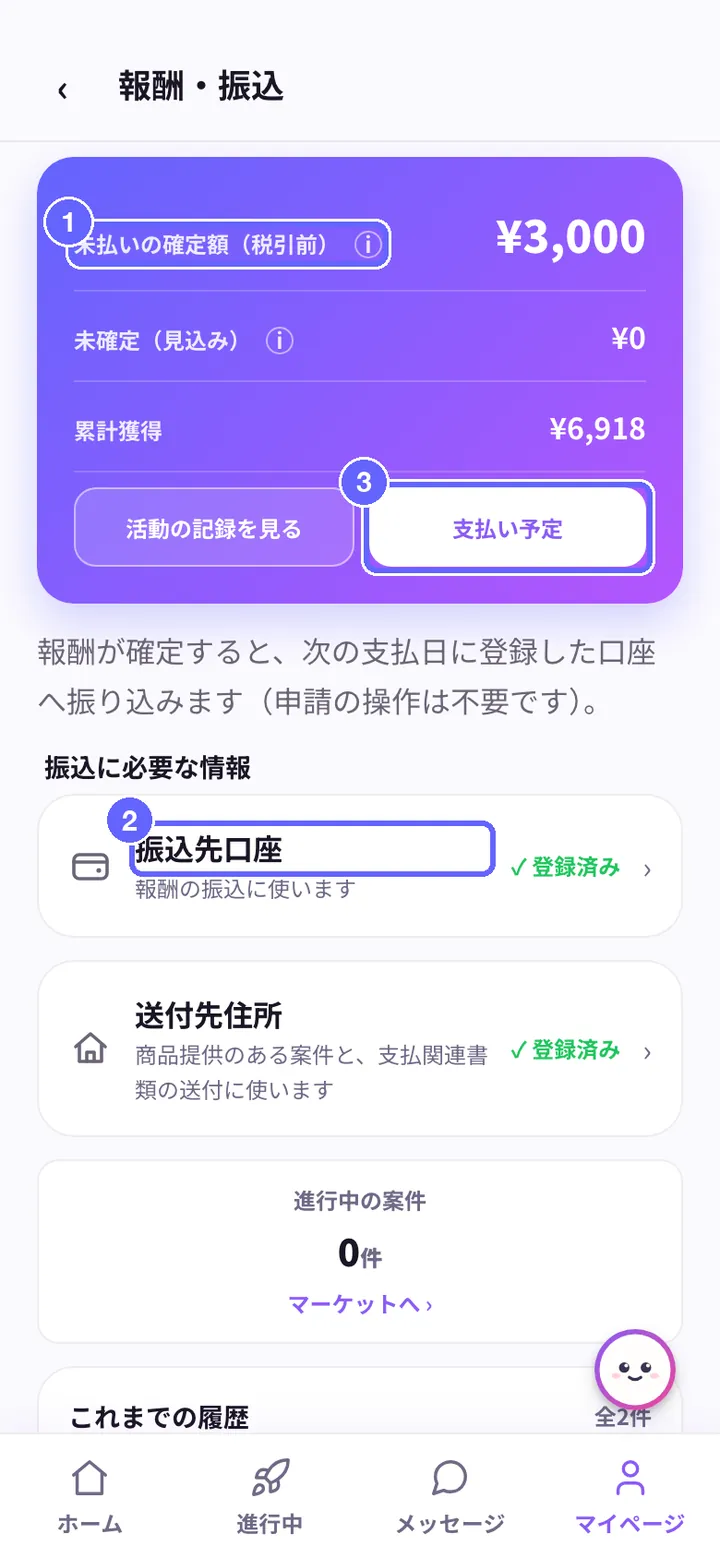報酬・振込の画面。①未払いの確定額、②振込先口座、③支払い予定